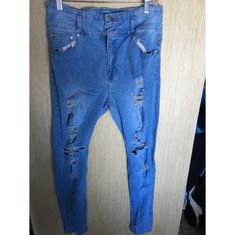 H&Y Fashion Distressed High Waisted Skinny Jeans Blue Size 15/16 Shredded Knee